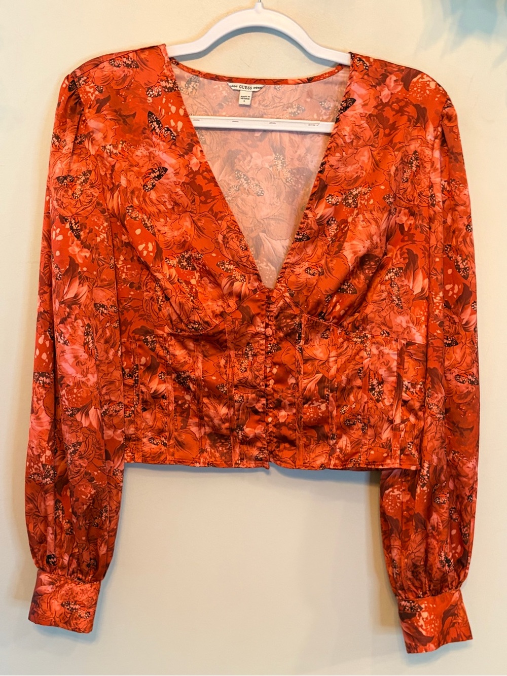 Floral Corset Blouse Butterfly Print Puff Sleeve Crop Top Size - Picture 2 of 10